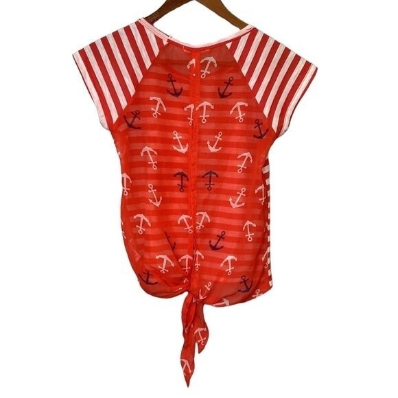 Aeropostale Nautical Stripe Sheer Tie Waist Anchor Print Top Short Sleeve Sailor - Picture 5 of 16